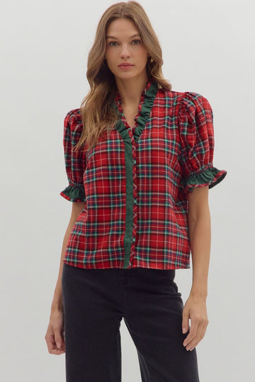 R/D Plus Size Plaid Short Puff Sleeve Top By Entro