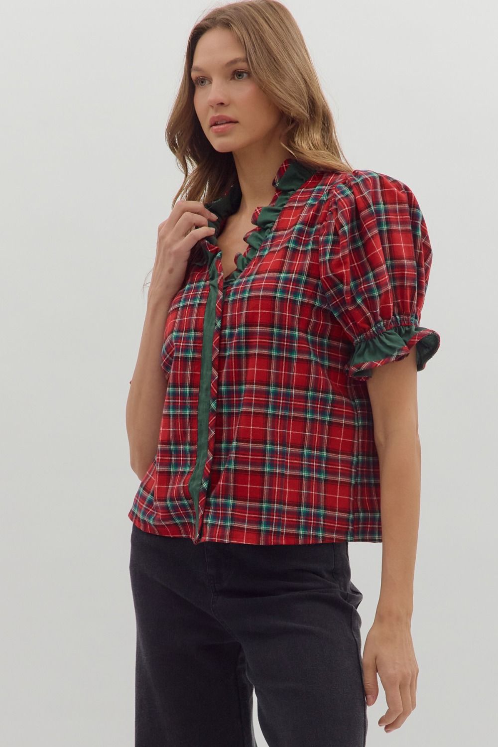 R/D Plus Size Plaid Short Puff Sleeve Top By Entro