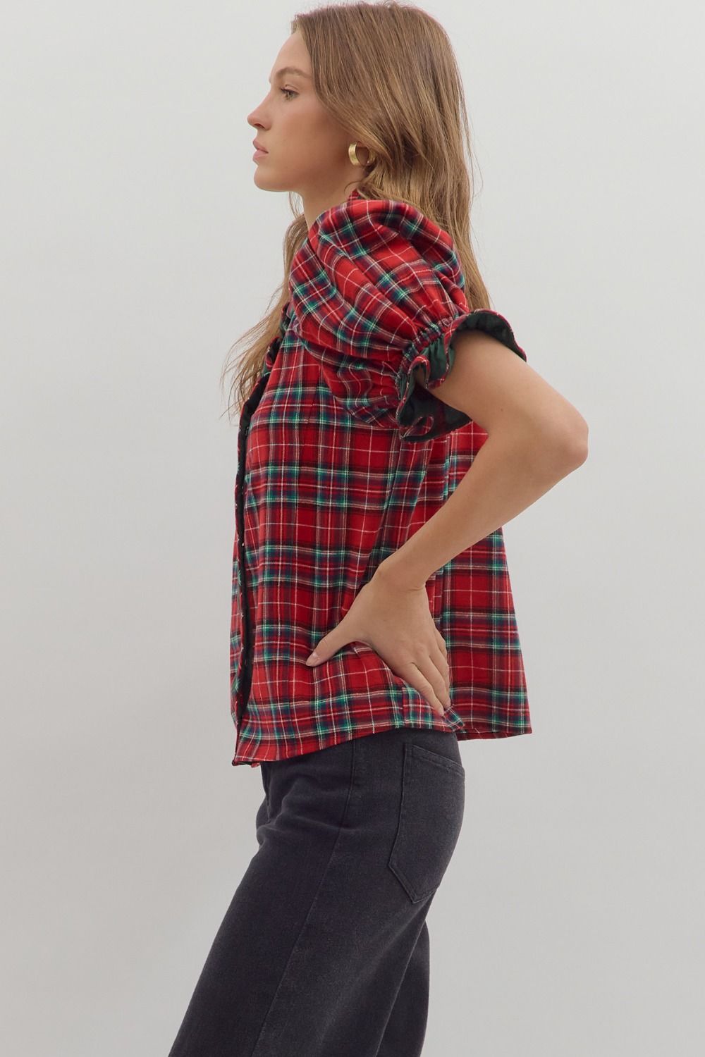 R/D Plus Size Plaid Short Puff Sleeve Top By Entro