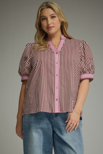 Rosé & Ribbons Striped Puff Sleeve Top – Plus Size
