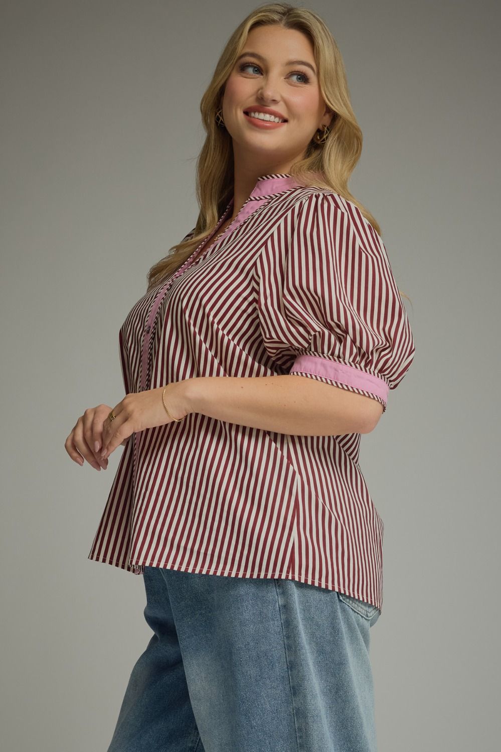 Rosé & Ribbons Striped Puff Sleeve Top – Plus Size
