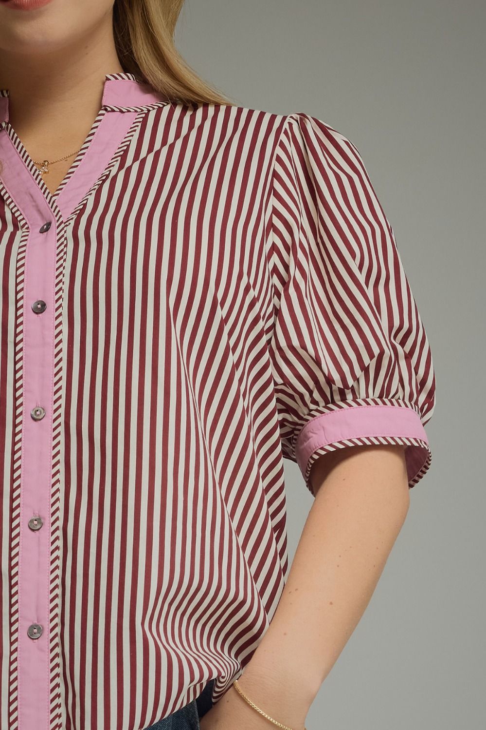 Rosé & Ribbons Striped Puff Sleeve Top – Plus Size