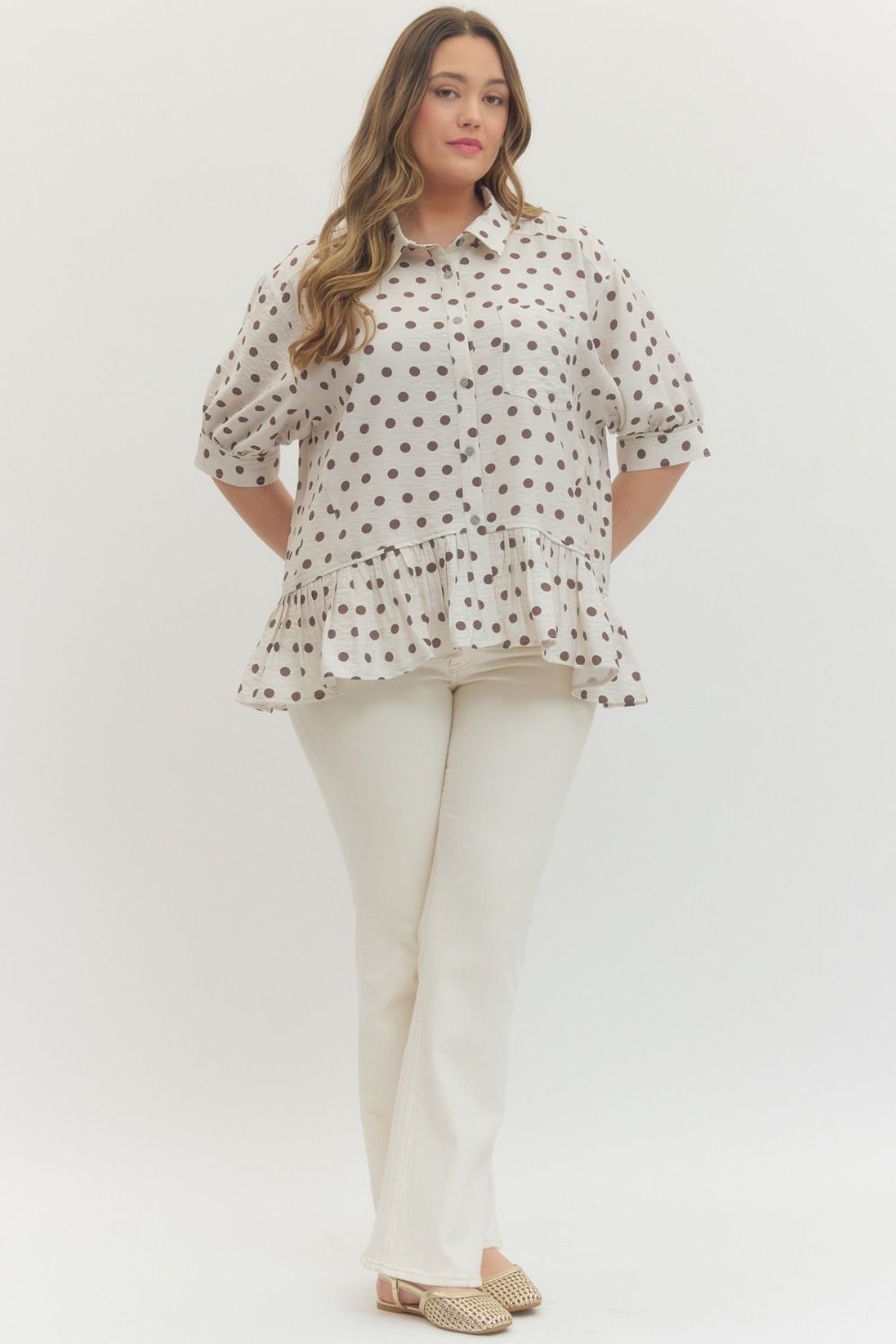 polka dot peplum blouse women button front ruffle hem lightweight top