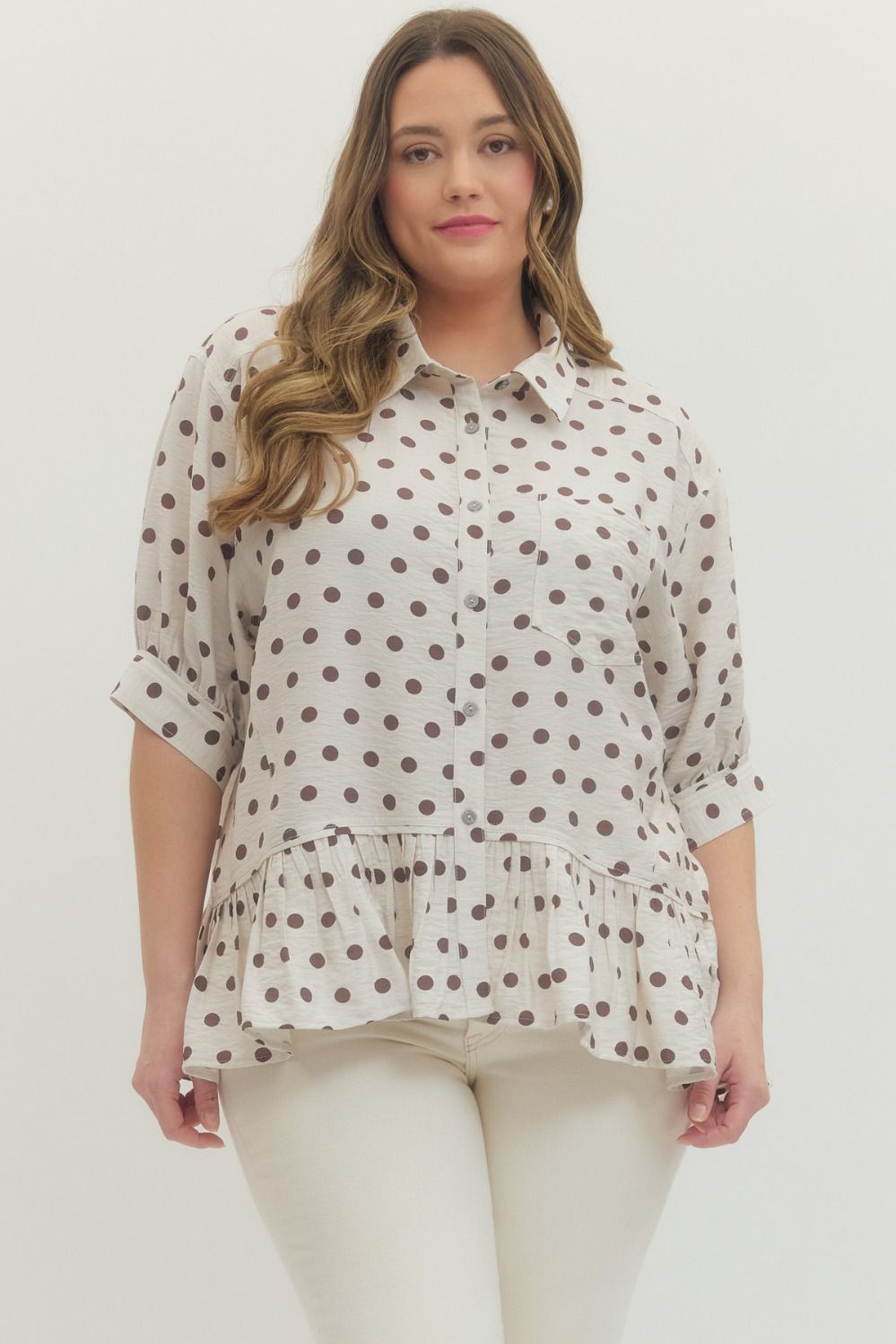 Curve Mocha Polka Dot Peplum Blouse By Entro