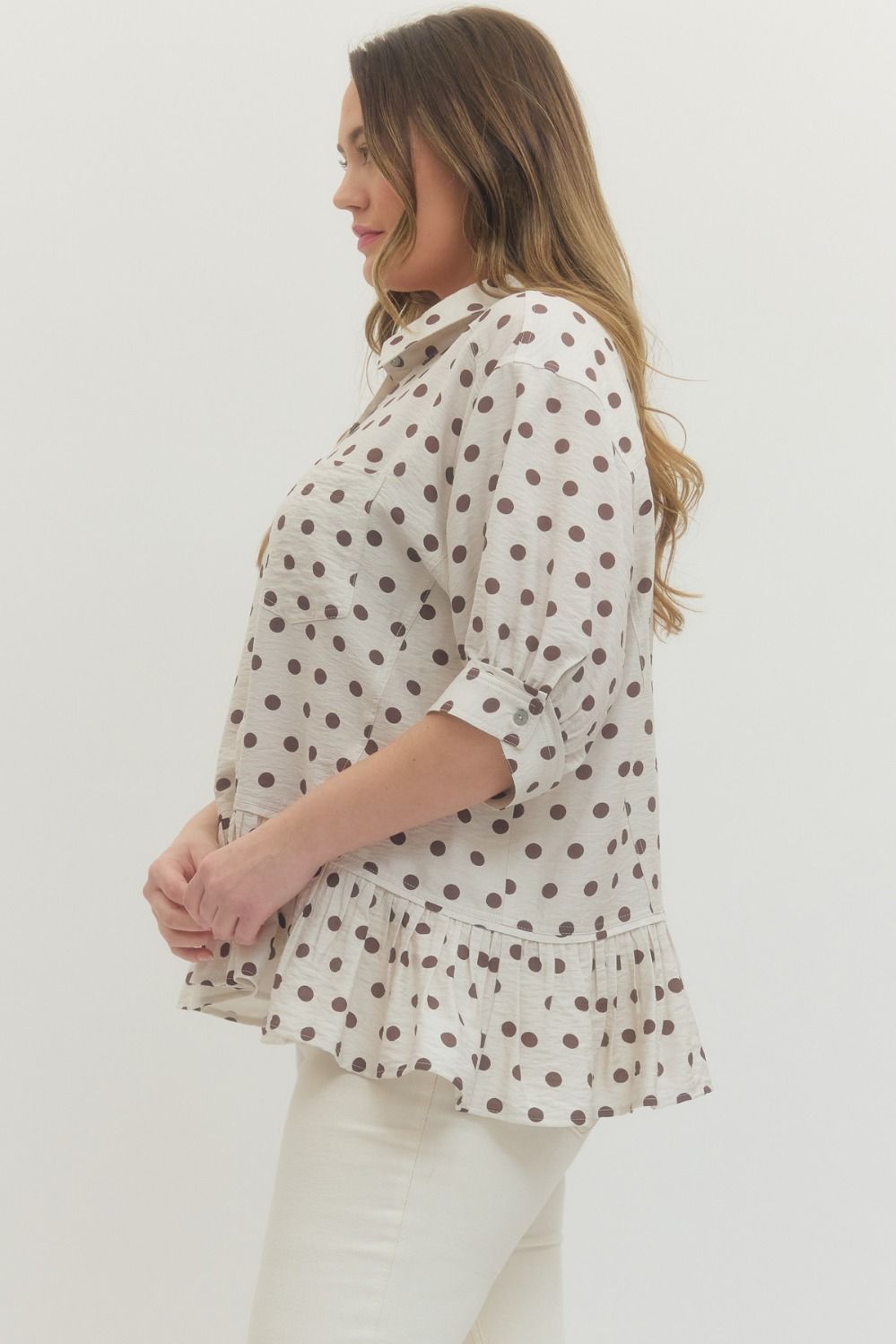 Curve Mocha Polka Dot Peplum Blouse By Entro