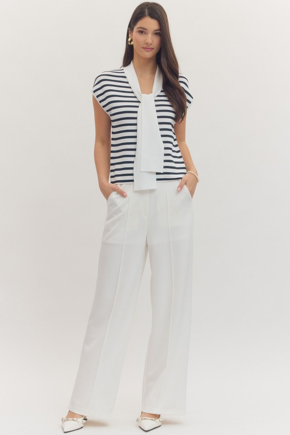 striped knit top women black white tie neck cap sleeve lightweight blouse