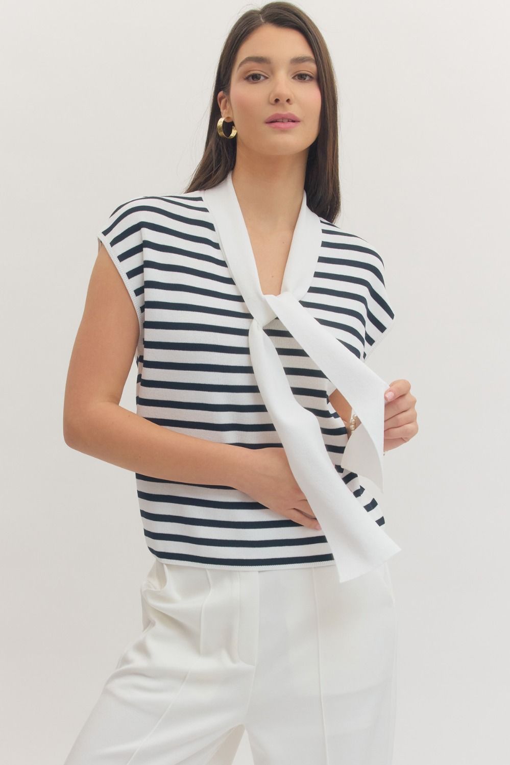 striped knit top women black white tie neck cap sleeve lightweight blouse