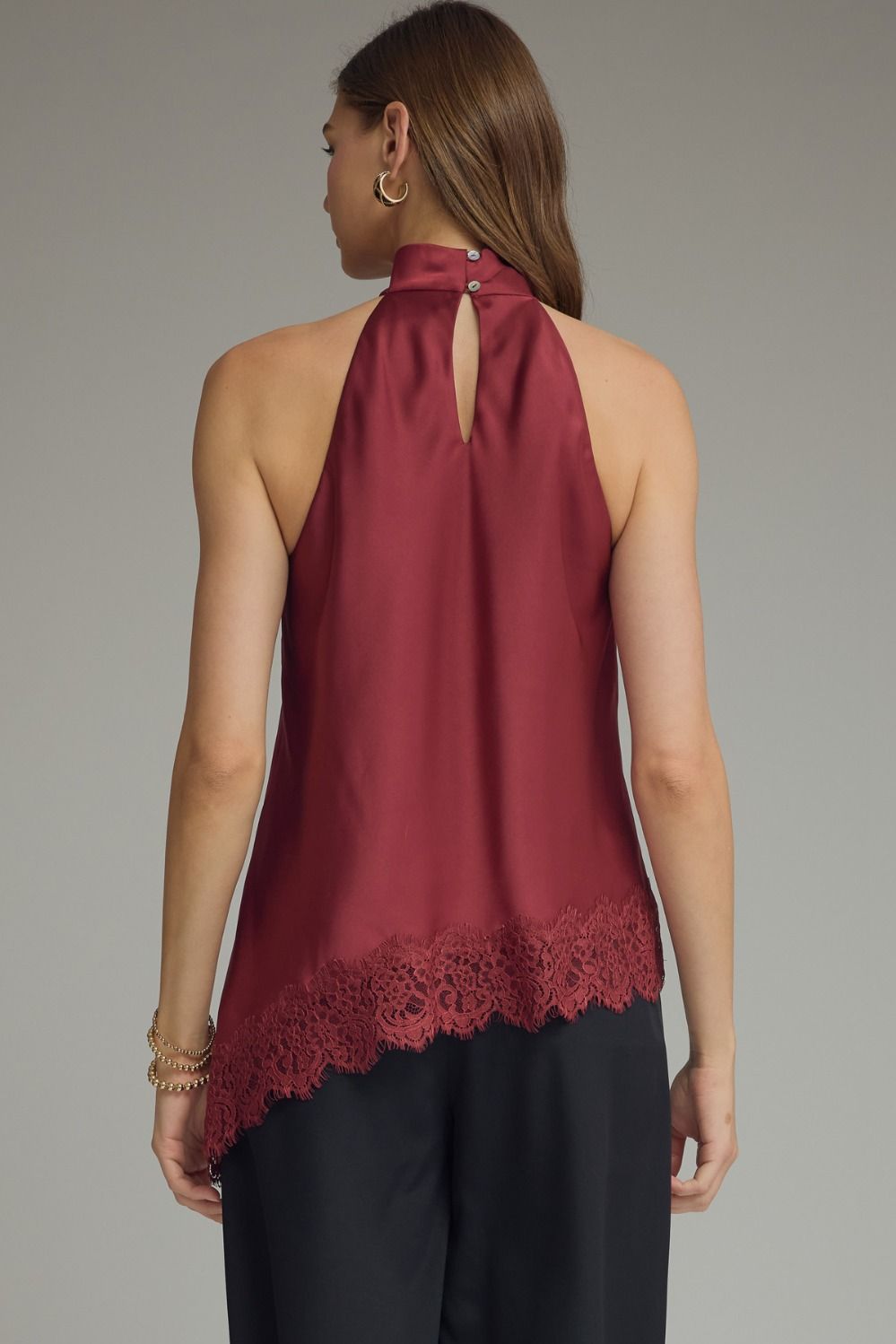 Elegant women’s satin mock neck top with feminine lace trim and a flowy fit, perfect for office wear, dinner dates, weddings, and holiday events in black, chocolate brown, and burgundy.
