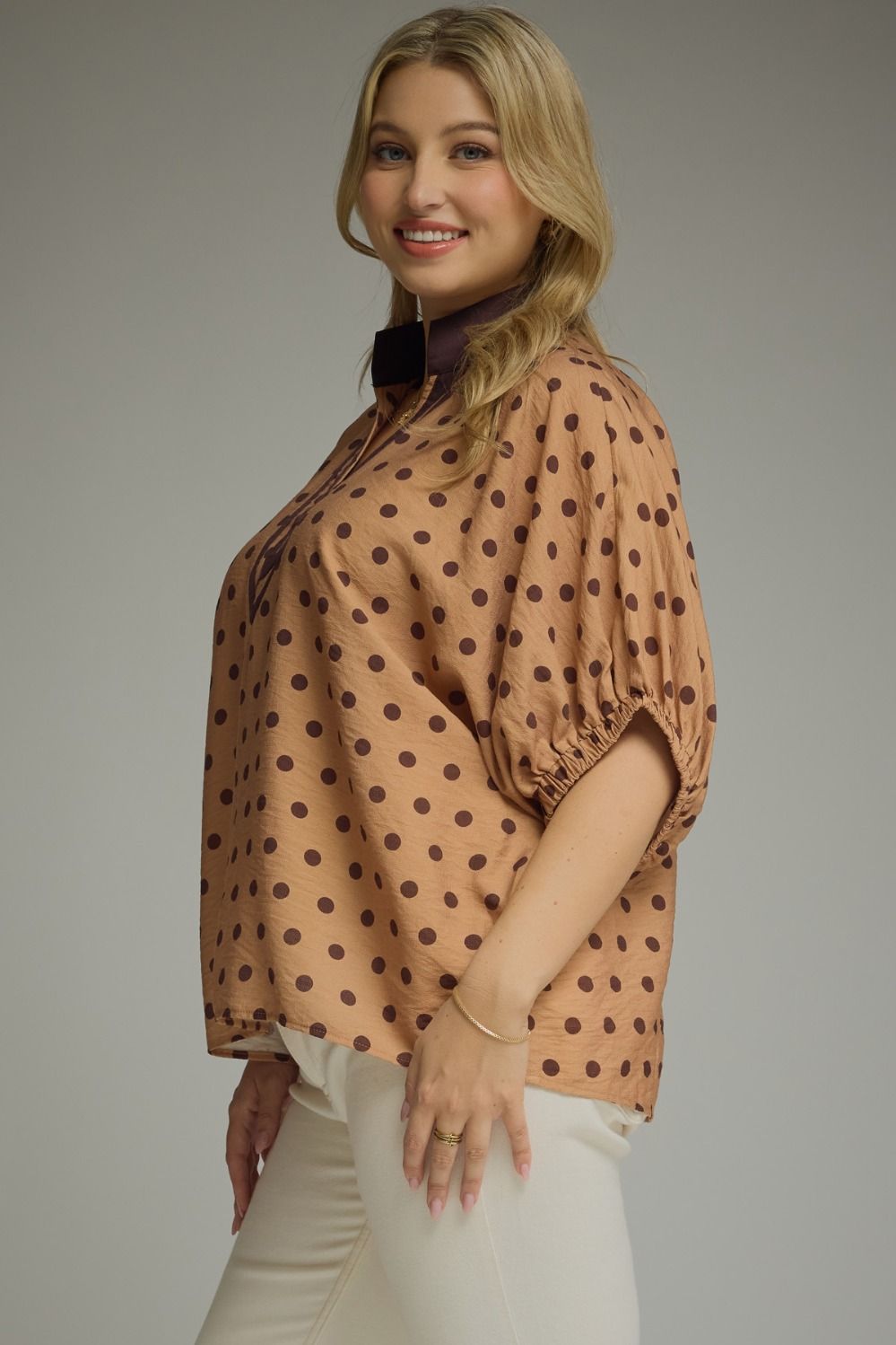 Two toned brown polka dot top 
