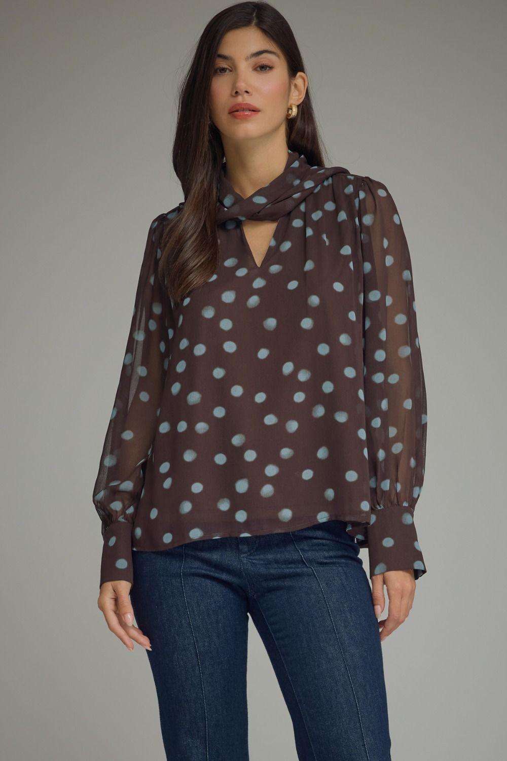 Women's brown polka dot tie neck blouse with sheer long sleeves
