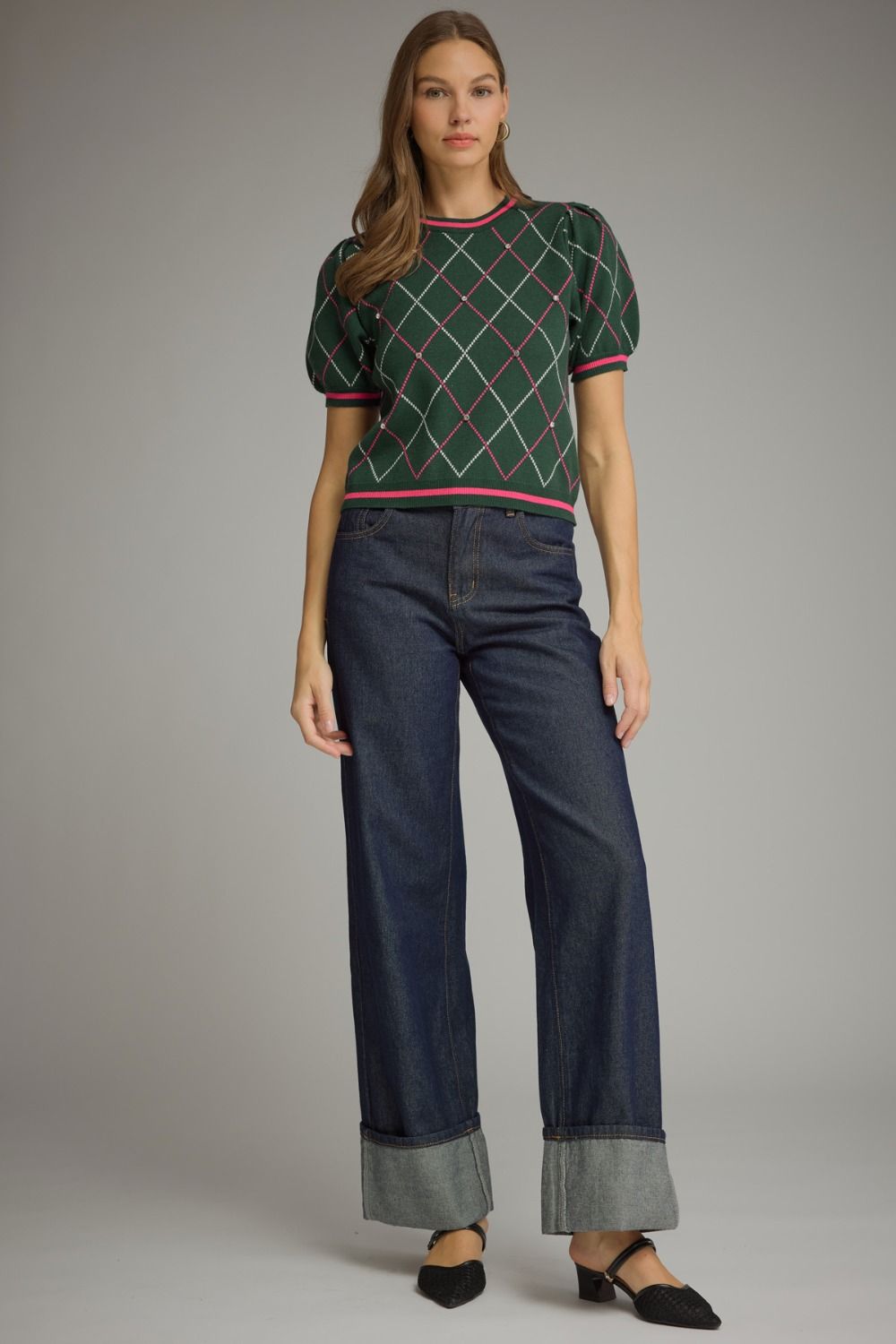 Evergreen Crush Argyle Puff Sleeve Sweater Top
