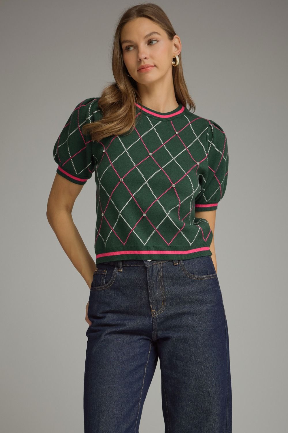 Evergreen Crush Argyle Puff Sleeve Sweater Top