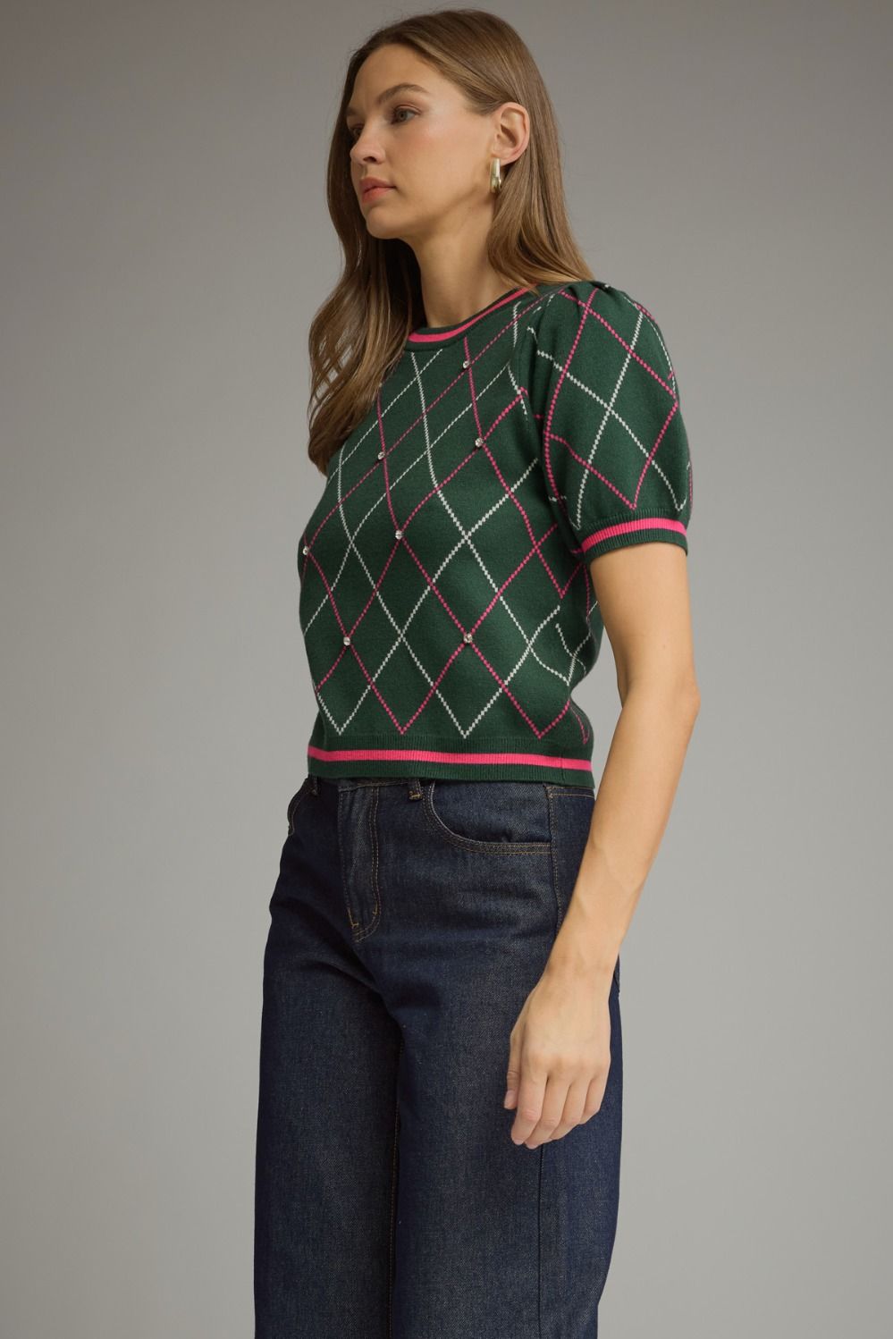 Evergreen Crush Argyle Puff Sleeve Sweater Top
