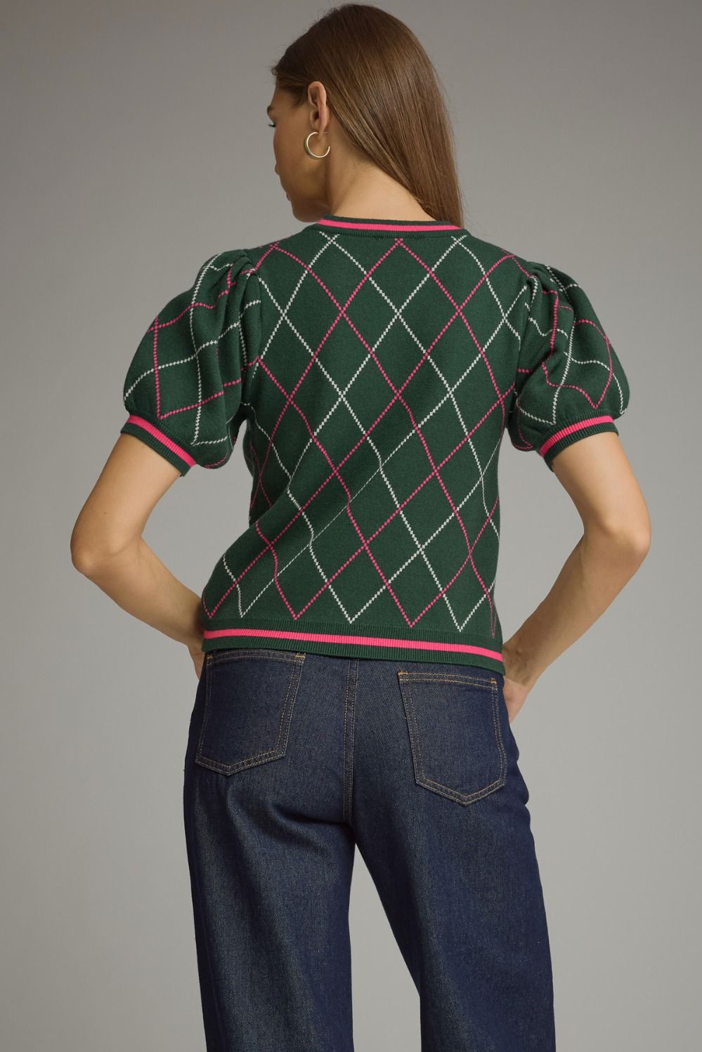 Evergreen Crush Argyle Puff Sleeve Sweater Top