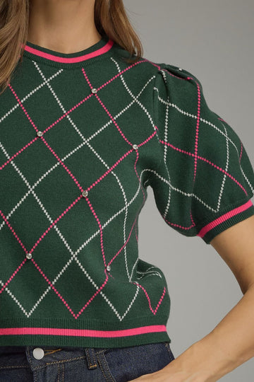 Evergreen Crush Argyle Puff Sleeve Sweater Top