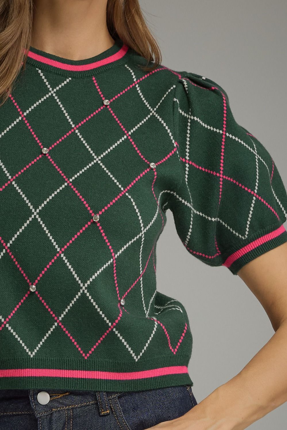 Evergreen Crush Argyle Puff Sleeve Sweater Top