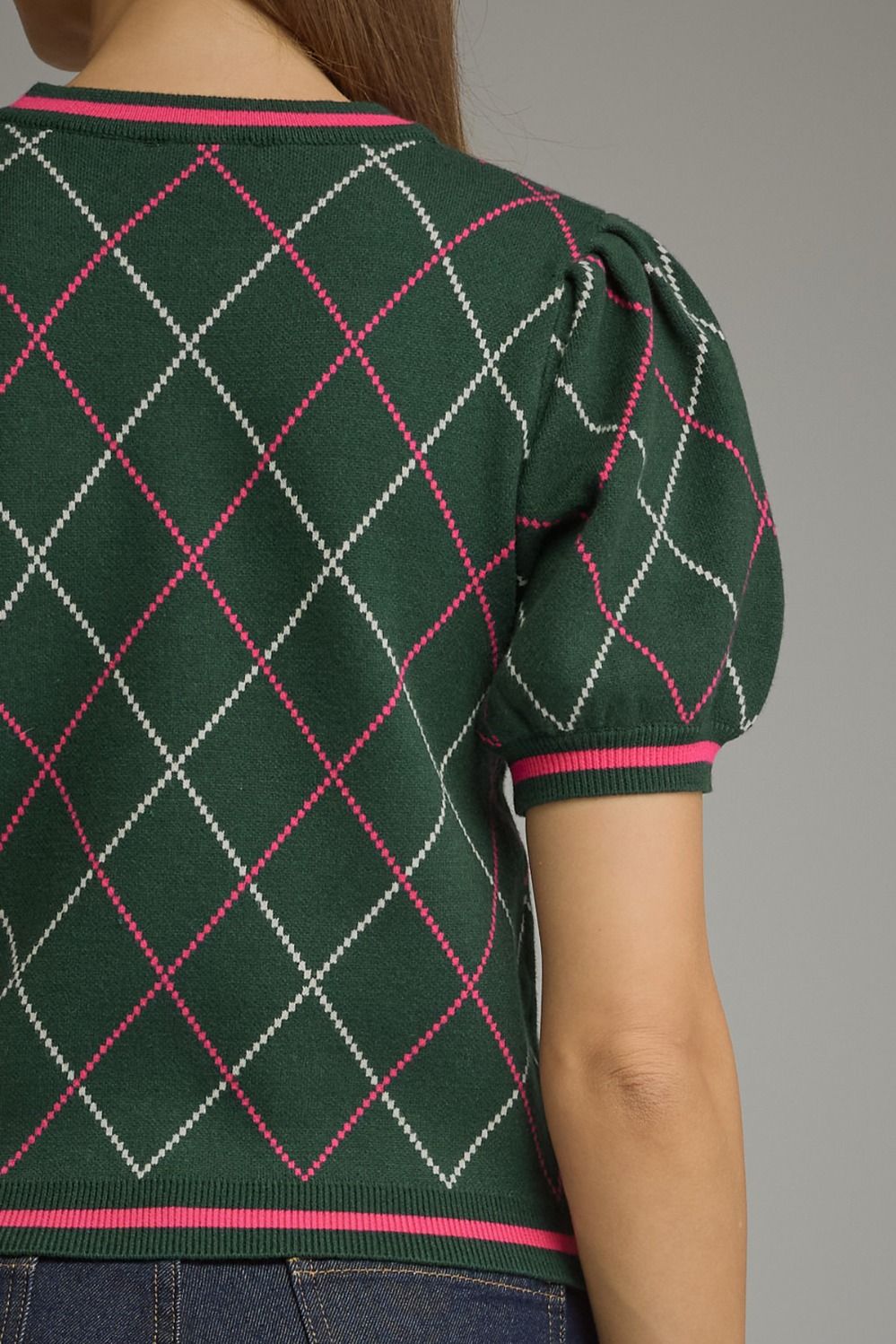 Evergreen Crush Argyle Puff Sleeve Sweater Top