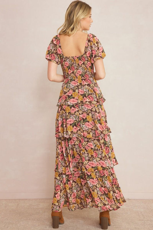 Floral Print Square Neck Tiered Maxi Dress