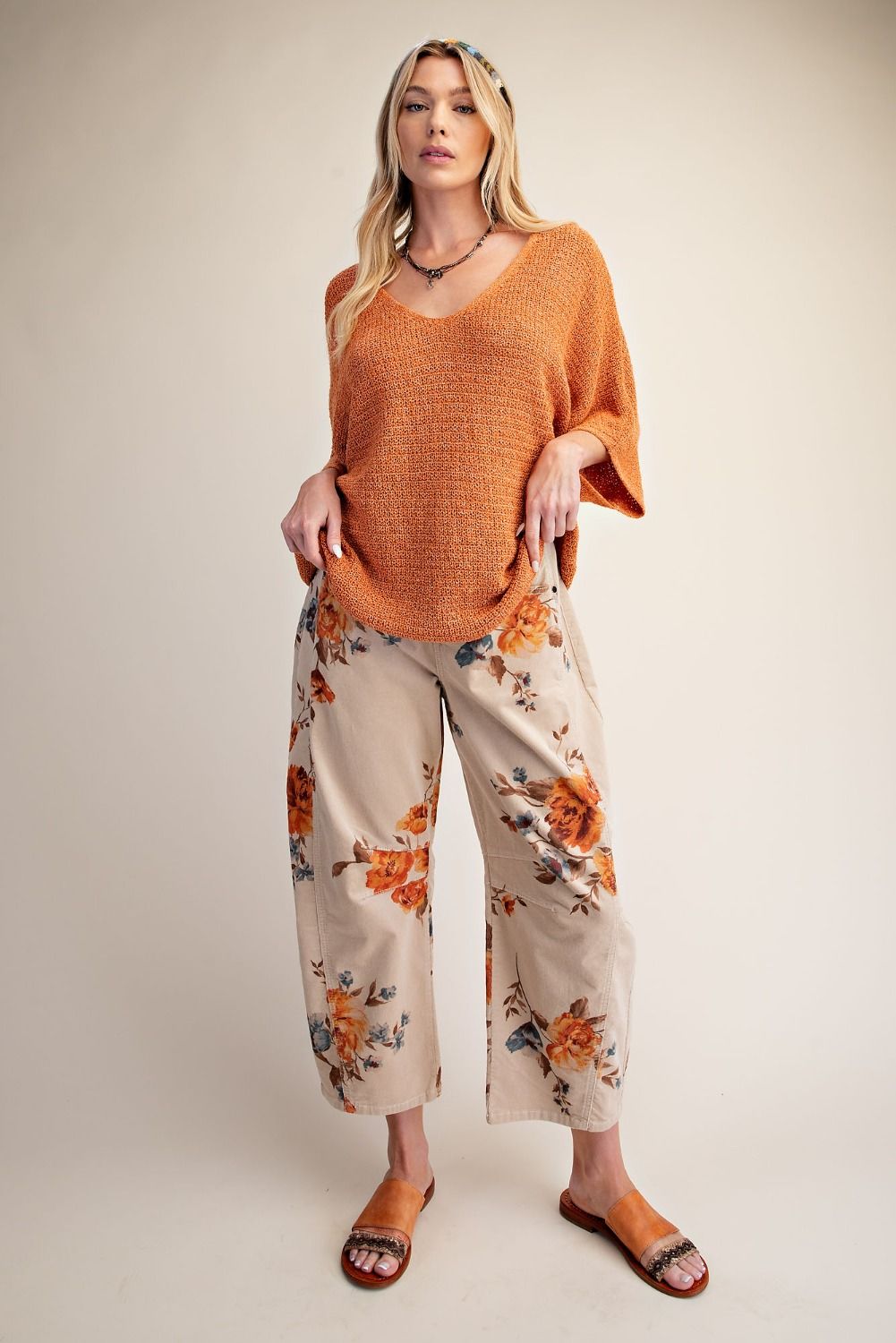 Rust color lightweight knit top with flowy sleeves