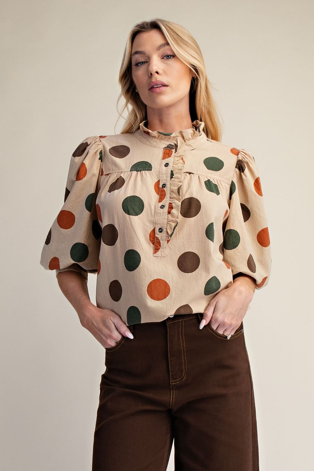 Mustard polka dot blouse with puff sleeves and ruffle neckline for women