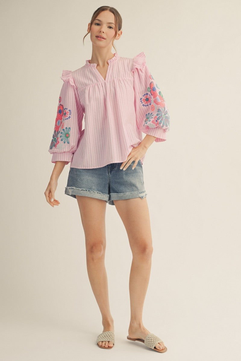 Embroidery Sleeve Stripe Top By Jodifl