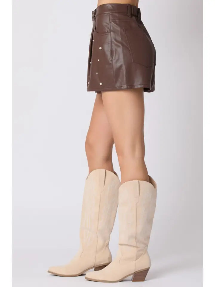 Leather Pin Tuck Detail Shorts With Pearl