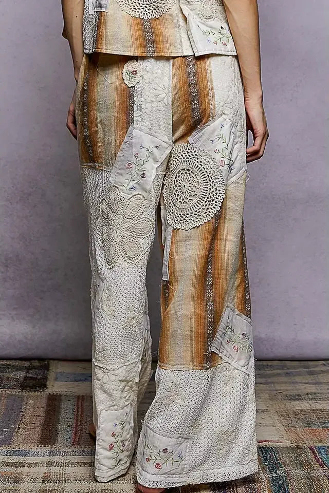 Solid Lace Patch Detail Woven Pants By Pol