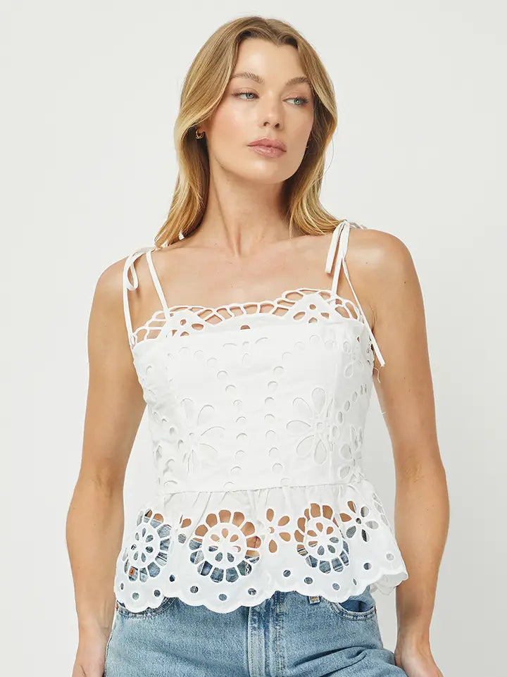 embroidered eyelet peplum top with tie straps scalloped hem white and black boutique blouse