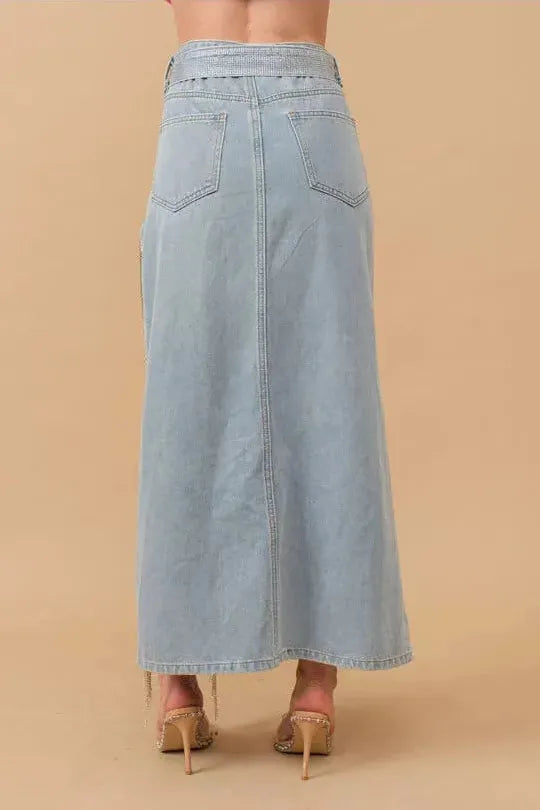Cut Out Belted Rhinestone Fringe Maxi Denim Skirt