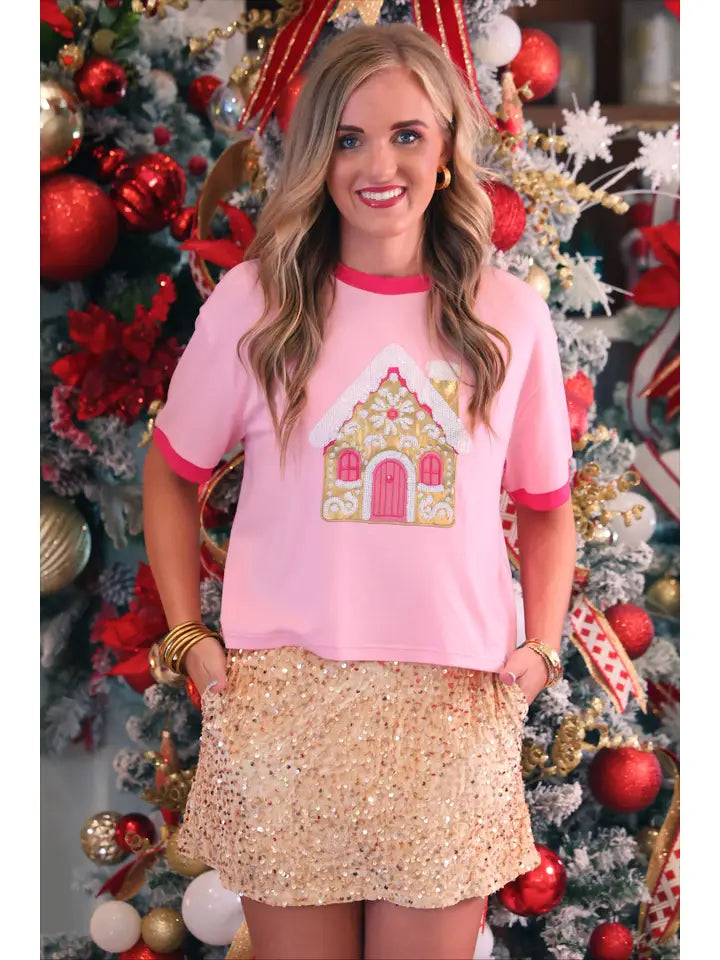 Jess Lea holiday graphic tee featuring a contrasting ringer neckline and coordinating short-sleeve trim.
