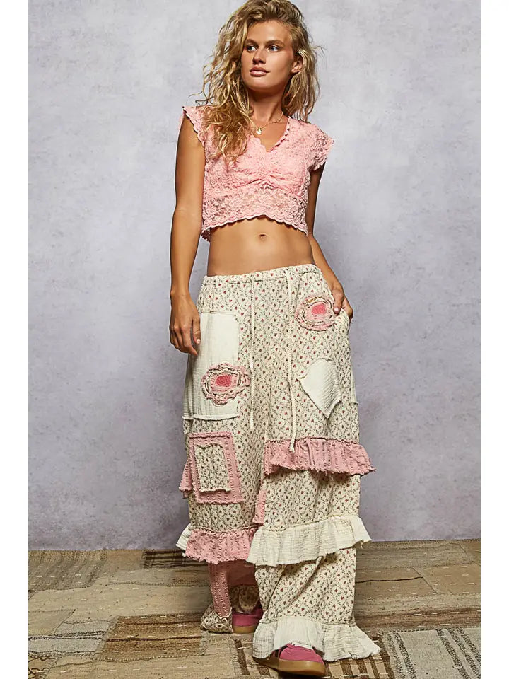 Textured Twill Ruffle Wide Pants By Pol