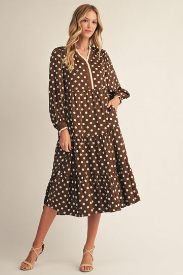 Mocha Moments Polka Dot Midi Dress By Jodifl