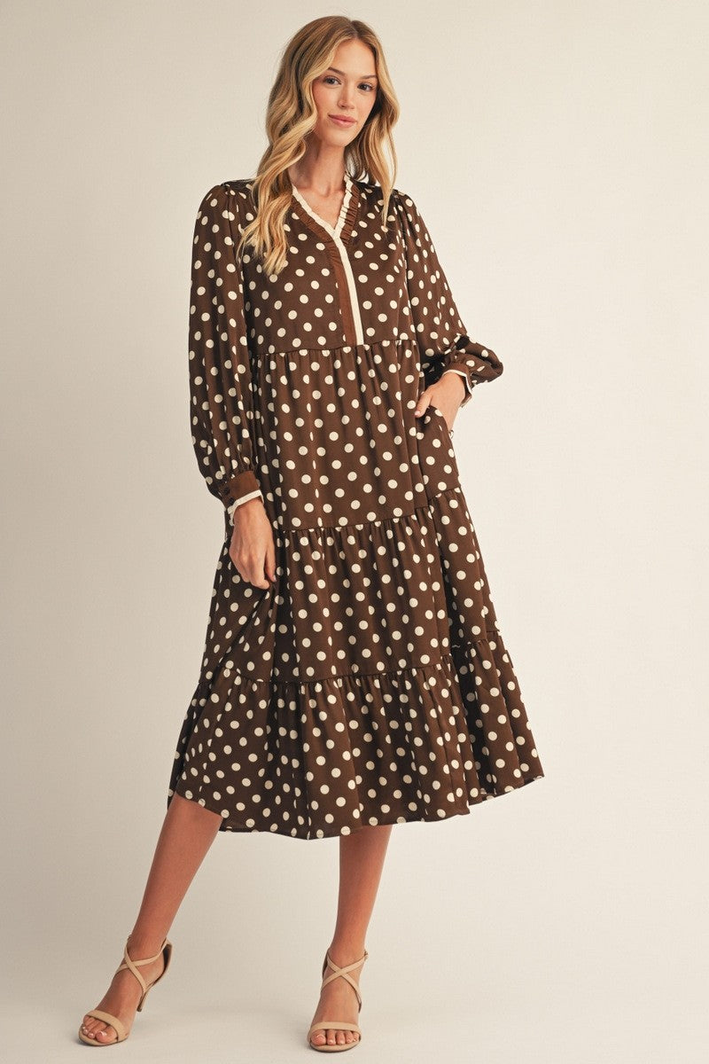 Mocha Moments Polka Dot Midi Dress By Jodifl