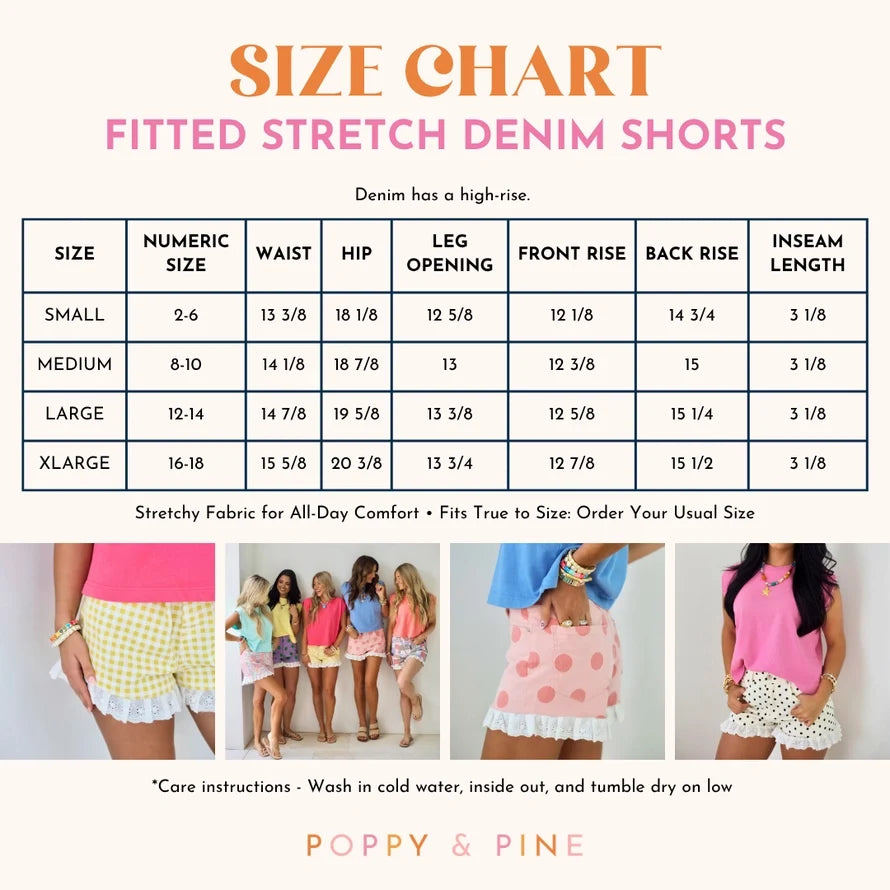 Size chart for fitted stretch denim shorts with high-rise, showing sizes small to x-large, measurements for waist, hip, leg opening, front and back rise, inseam length