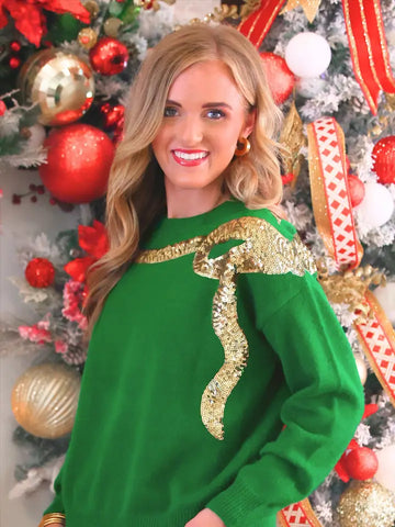 Sequin Bow Knit Sweater- Green/Gold