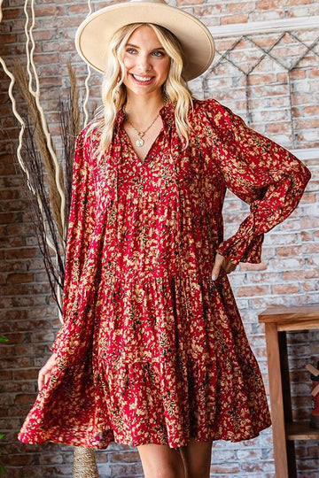 Floral Print Long Sleeve Tiered Babydoll Dress