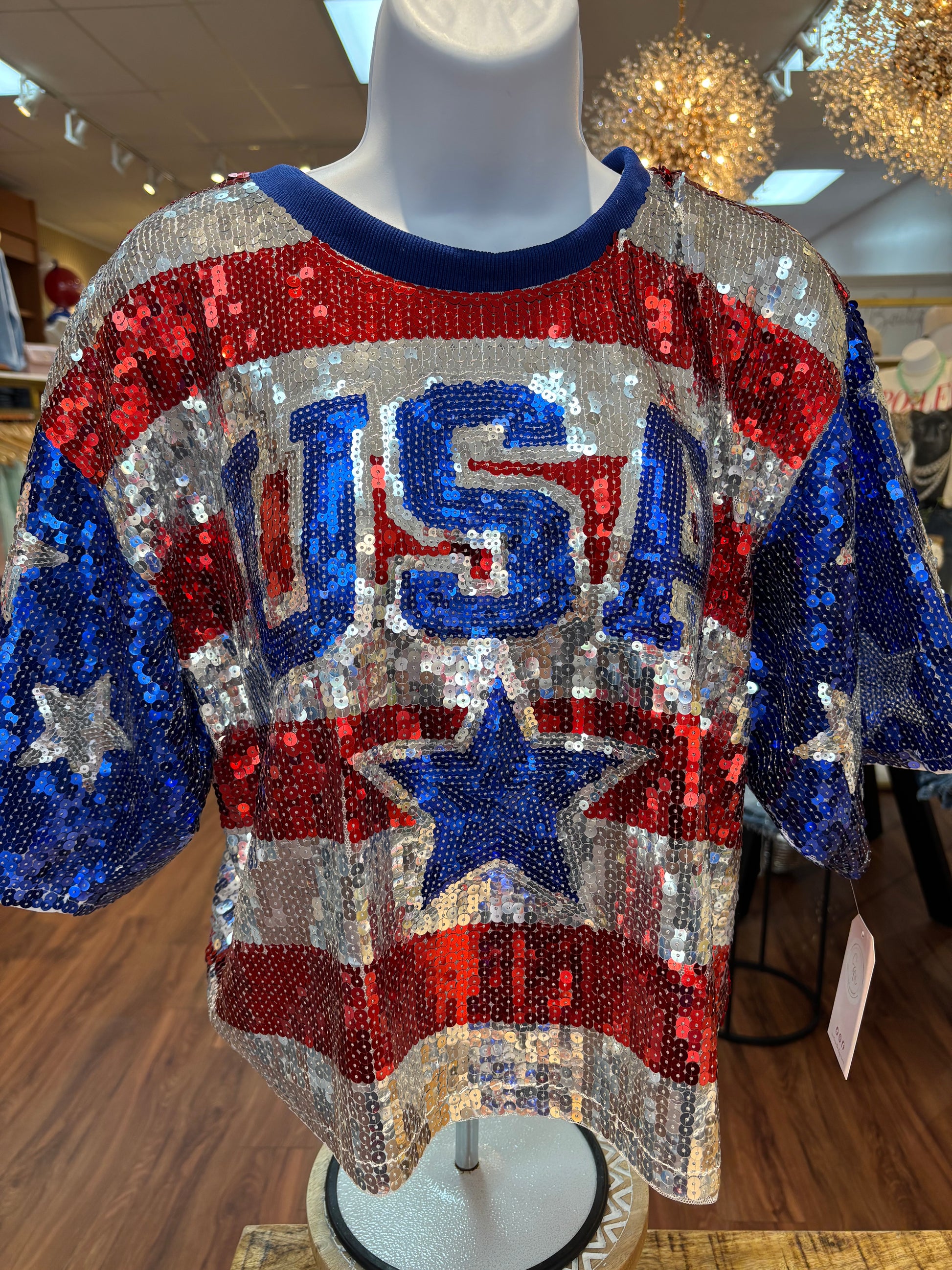 Sequin USA top with stripes and stars covered in sequin perfect for the 4th of July or any patriotic holiday 
