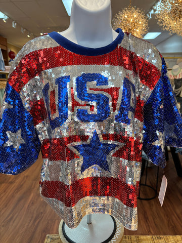 Sequin USA top with stripes and stars covered in sequin perfect for the 4th of July or any patriotic holiday 