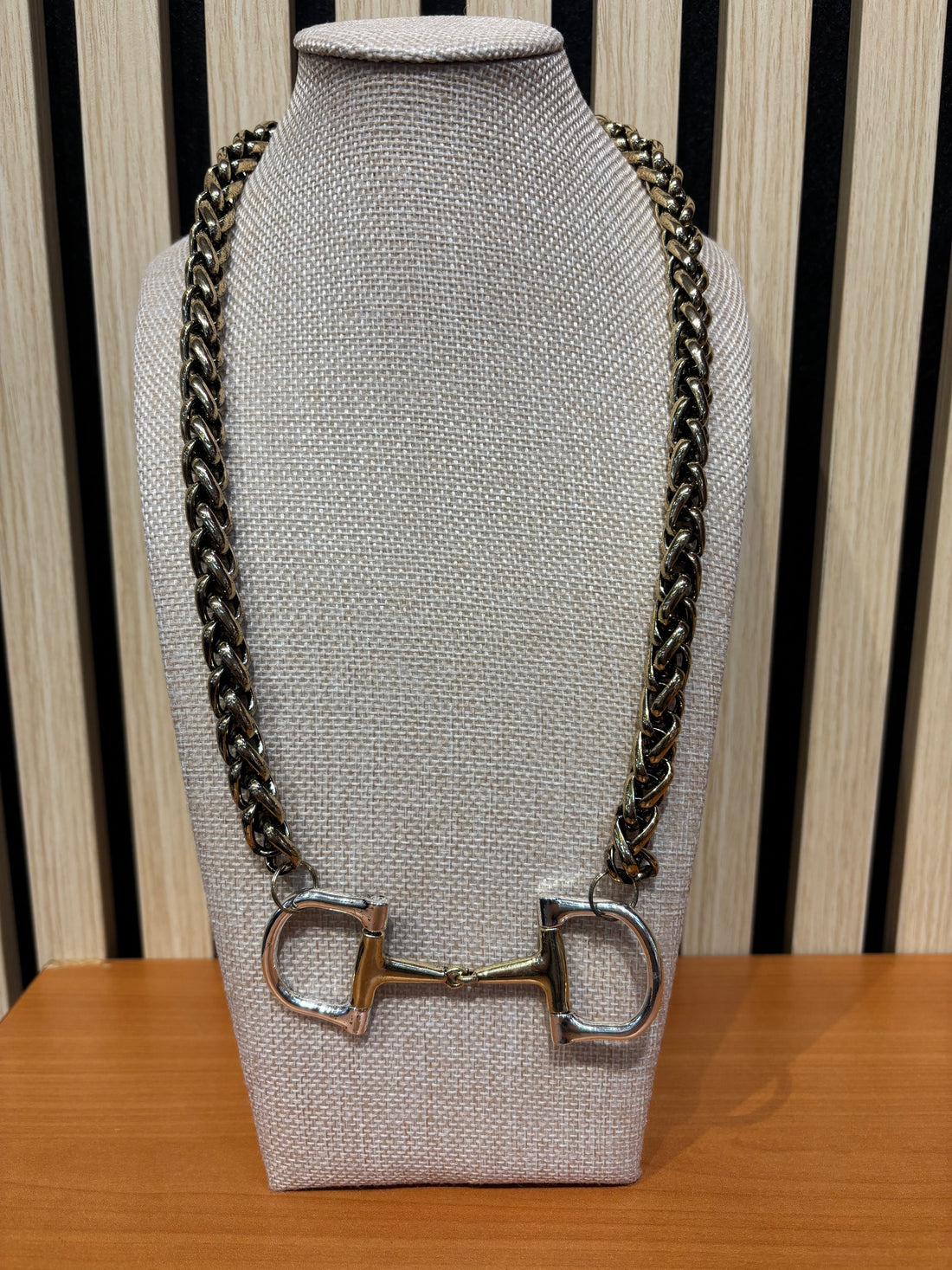 Silver horse bit necklace with chunky chain and large horse-shaped buckle
