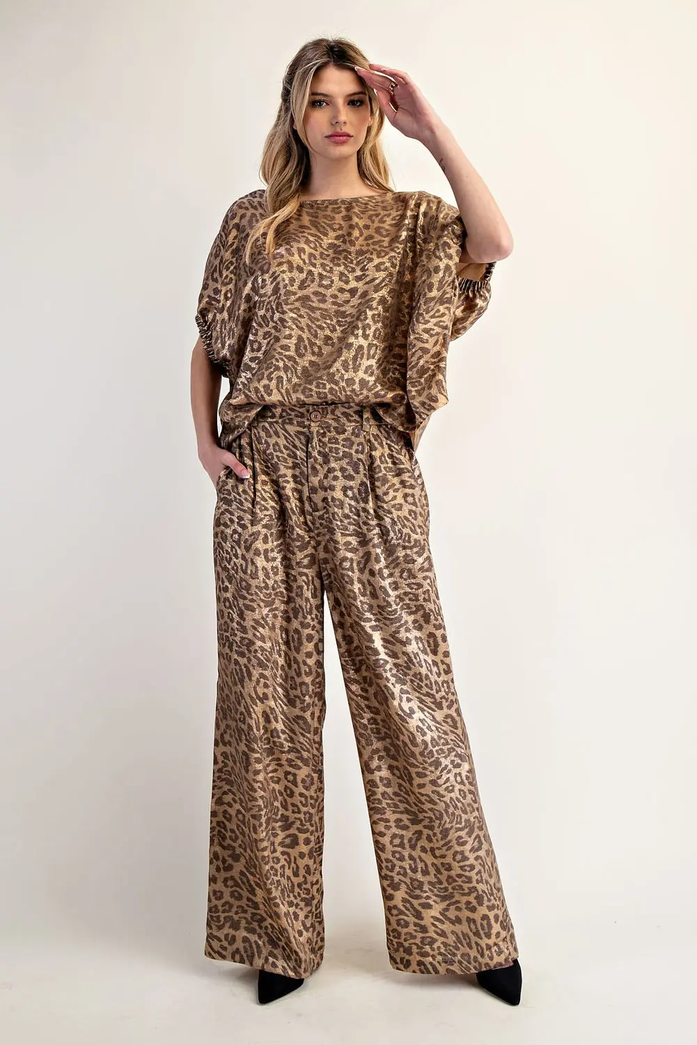 Metallic Leopard Printed Blouse Top By Eesome