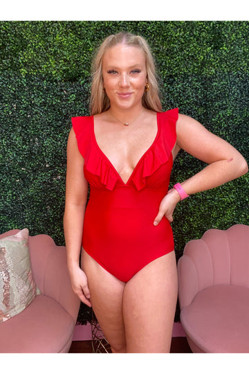 Red Hot Ruffle One Piece Swimsuit