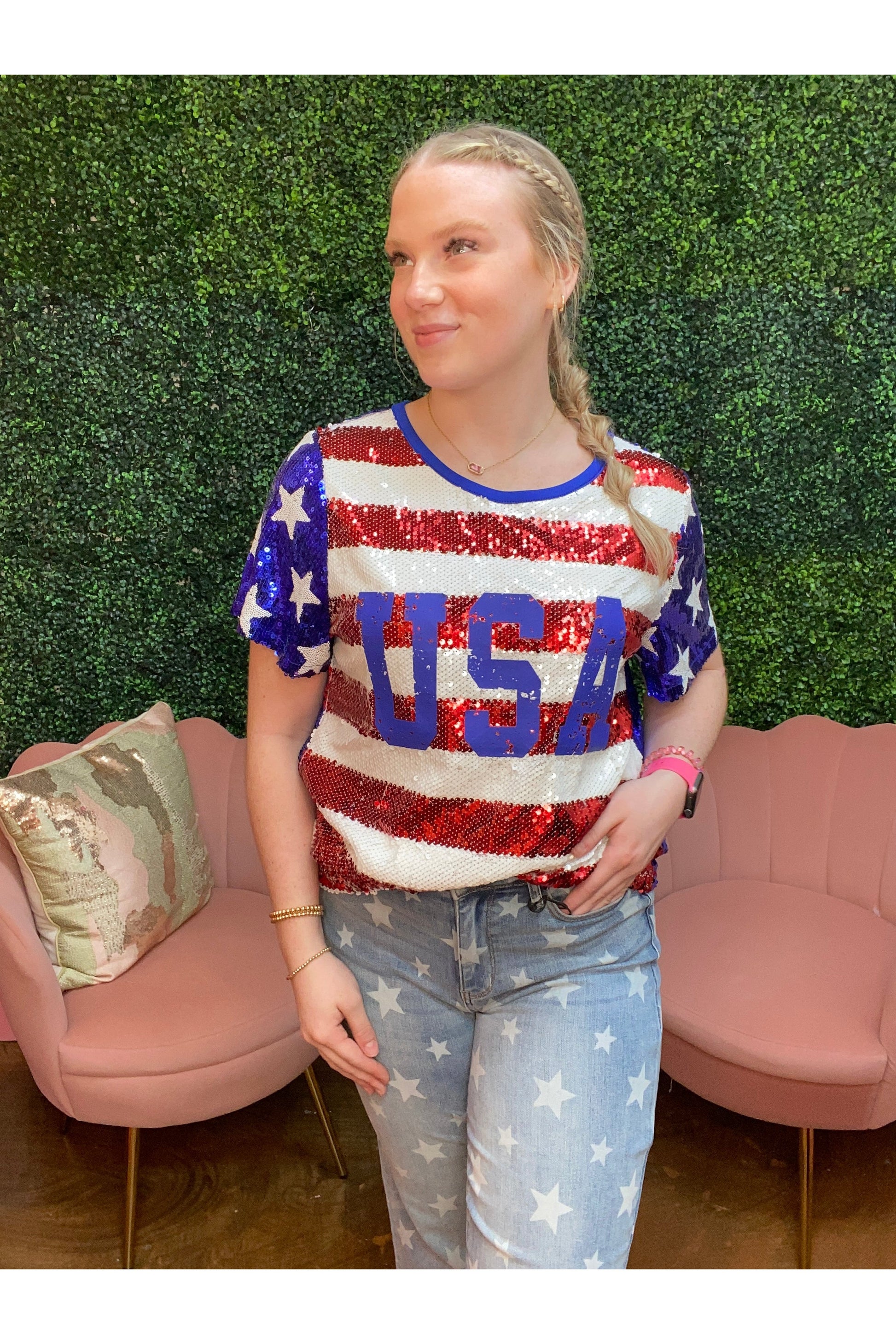 Plus Size Americana Rhinestone Flag Graphic Tee