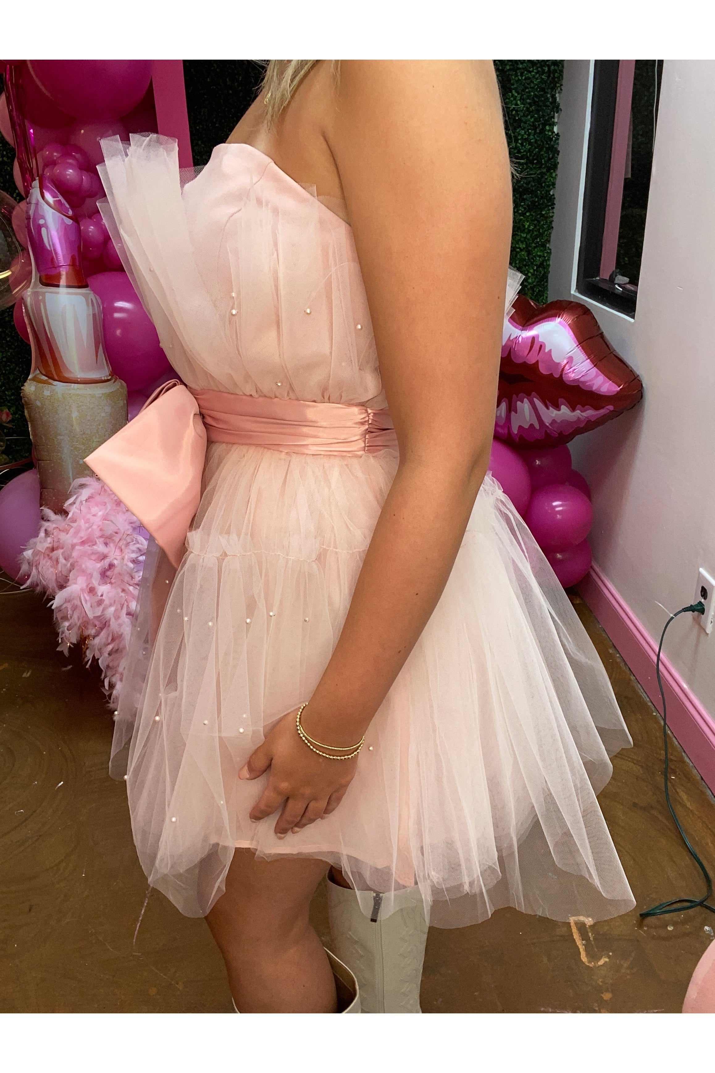 Blush Organza Big Ribbon Mini Dress