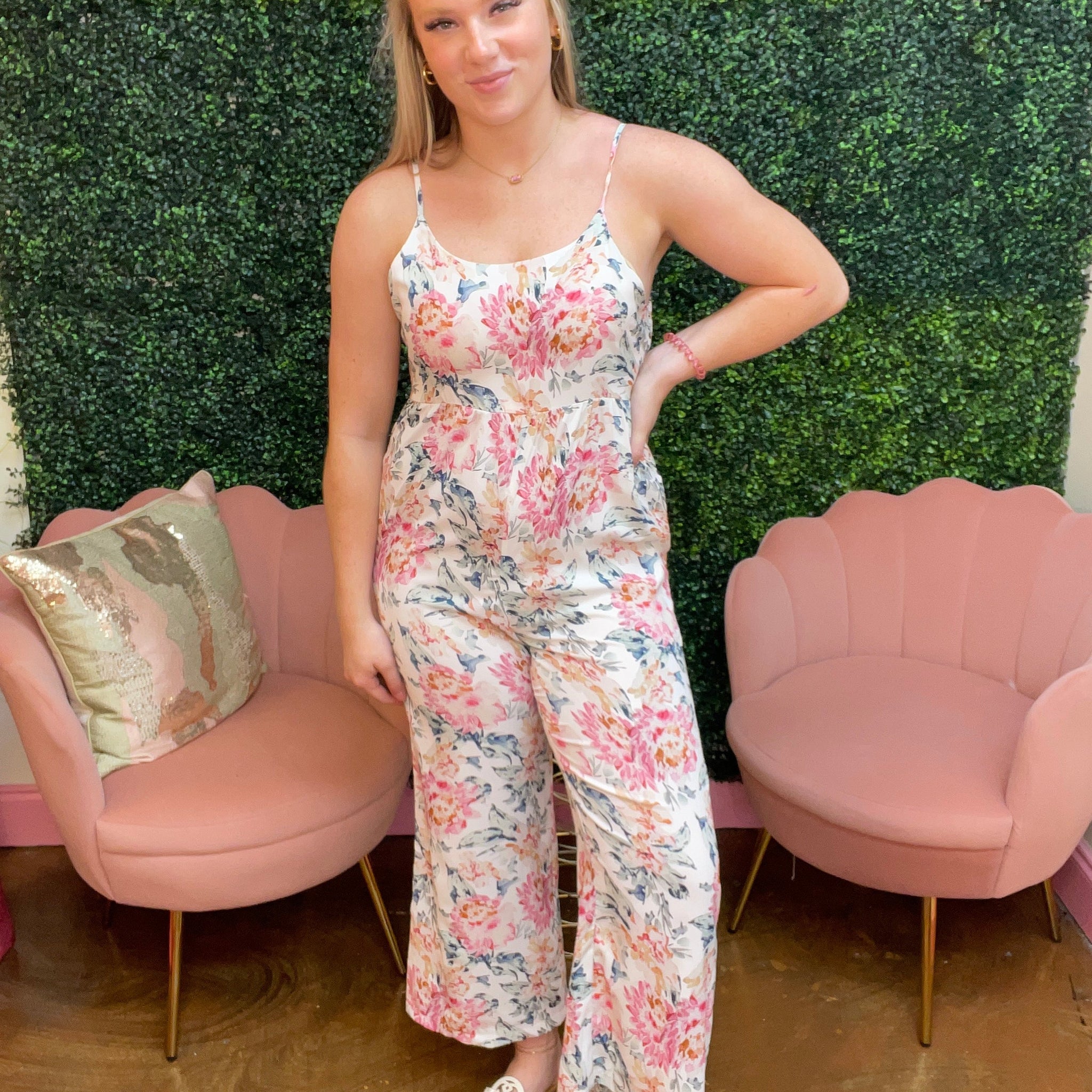 White Floral Spaghetti Straps Wide Leg Jumpsuit