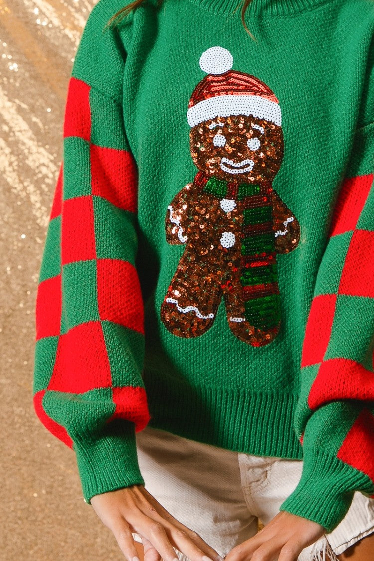 R/D Sequin Gingerbread Man Checker Christmas Sweater By BiBi