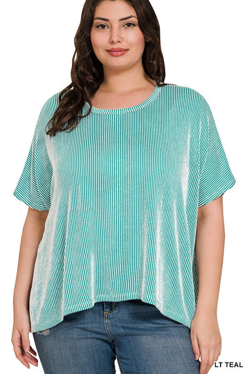 Plus Ribbed Striped Oversized Short Sleeve Top