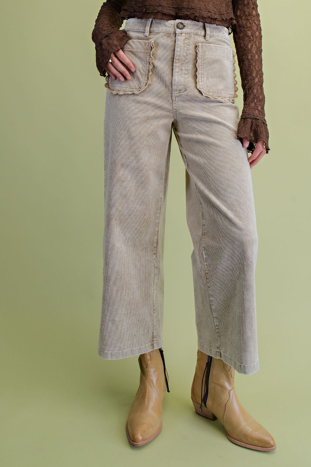 Fall boutique taupe corduroy pants with wide leg design and comfortable fit