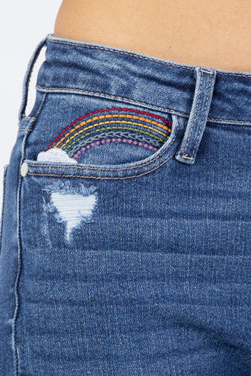 Judy Blue Tiffany Rainbow Embroidery Crop Straight