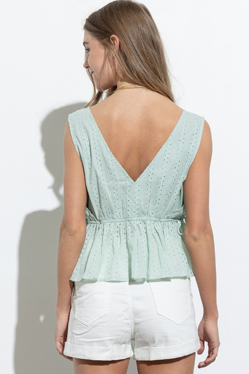 Cotton Eyelet Stripe Lace Tie Side Sleeveless Top