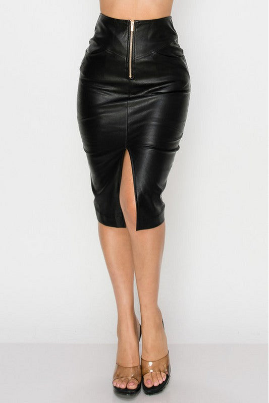 PRIVY SUPER STRETCH FAUX LEATHER FRONT SLIT MIDI SKIRT